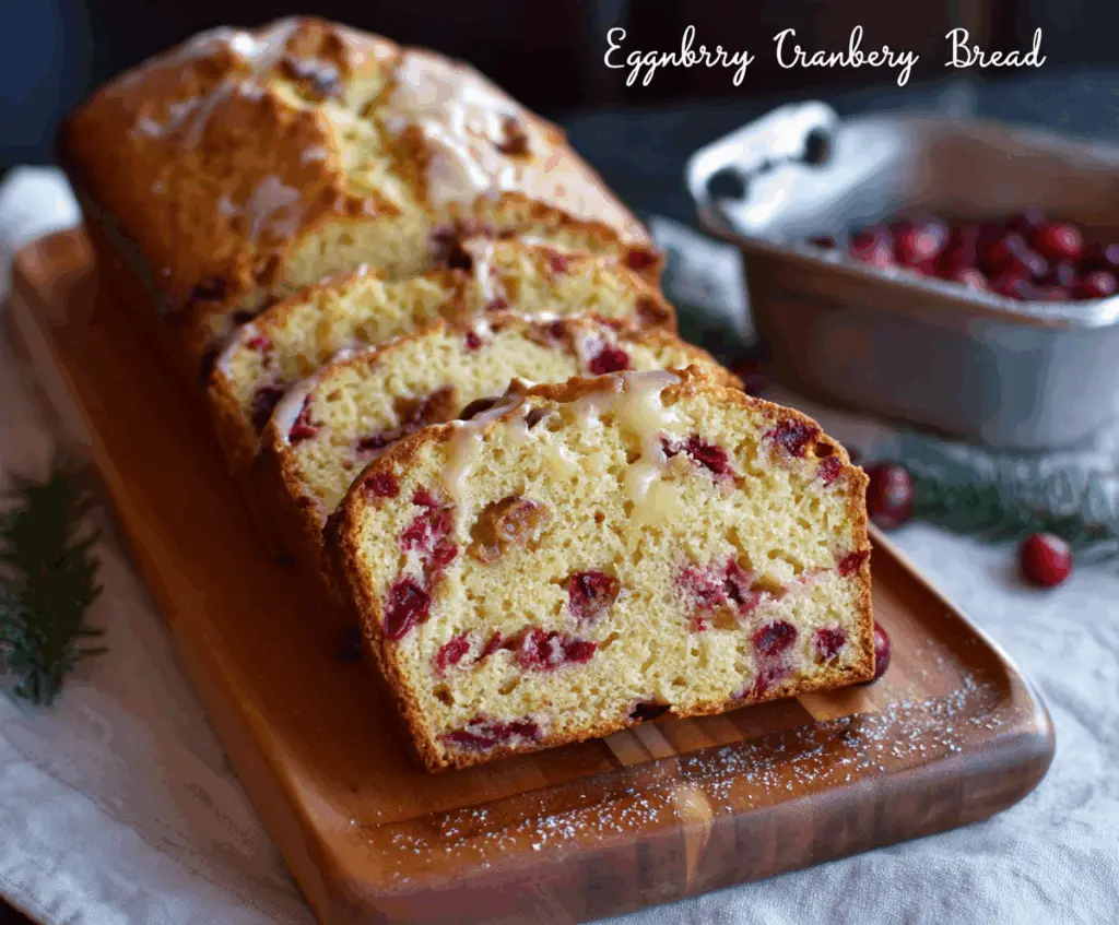 Delicious Eggnog Cranberry Bread with a golden crust and fresh cranberries inside.