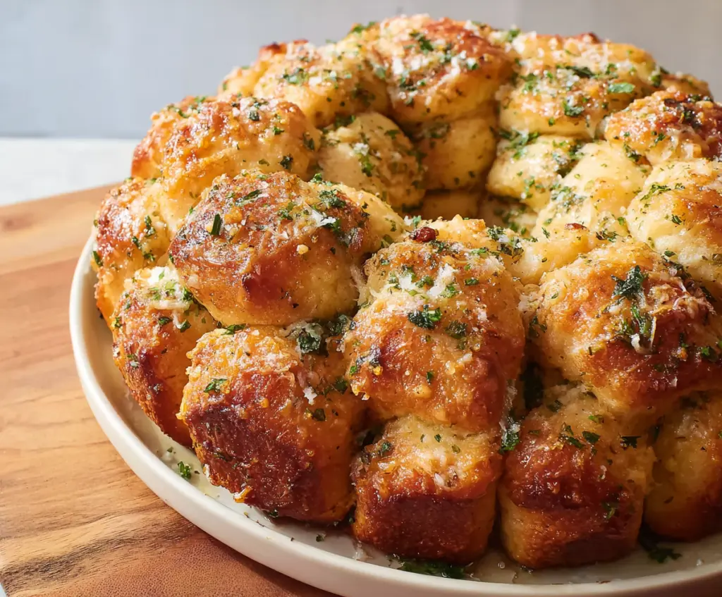 Delicious Garlic Parmesan Monkey Bread with melted cheese and seasoned garlic topping, perfect for sharing.