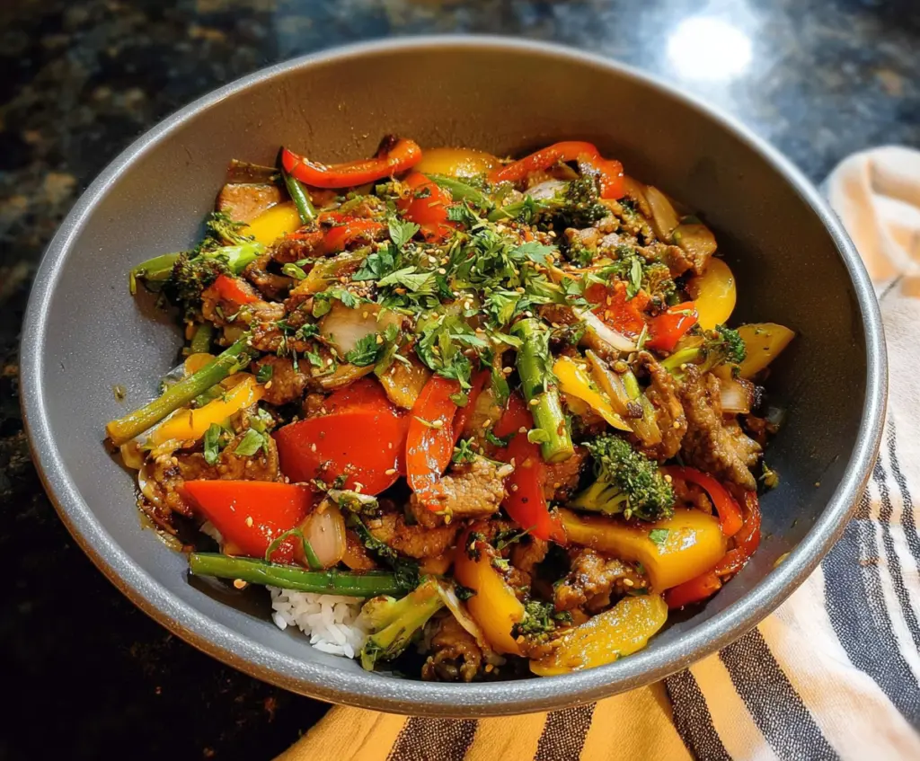 Delicious garlic pork stir fry with colorful vegetables, perfect for a quick and healthy dinner.