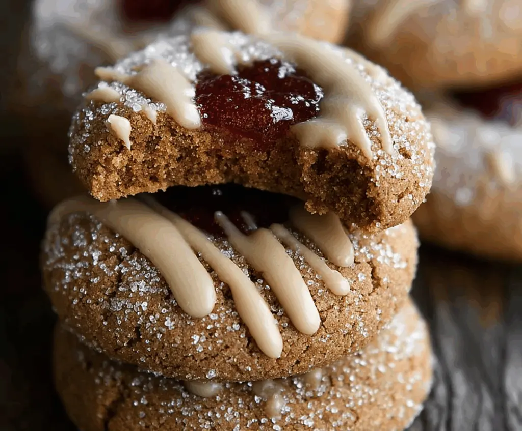 Nutty gingerbread thumbprint cookies topped with jam, perfect for holiday treats.