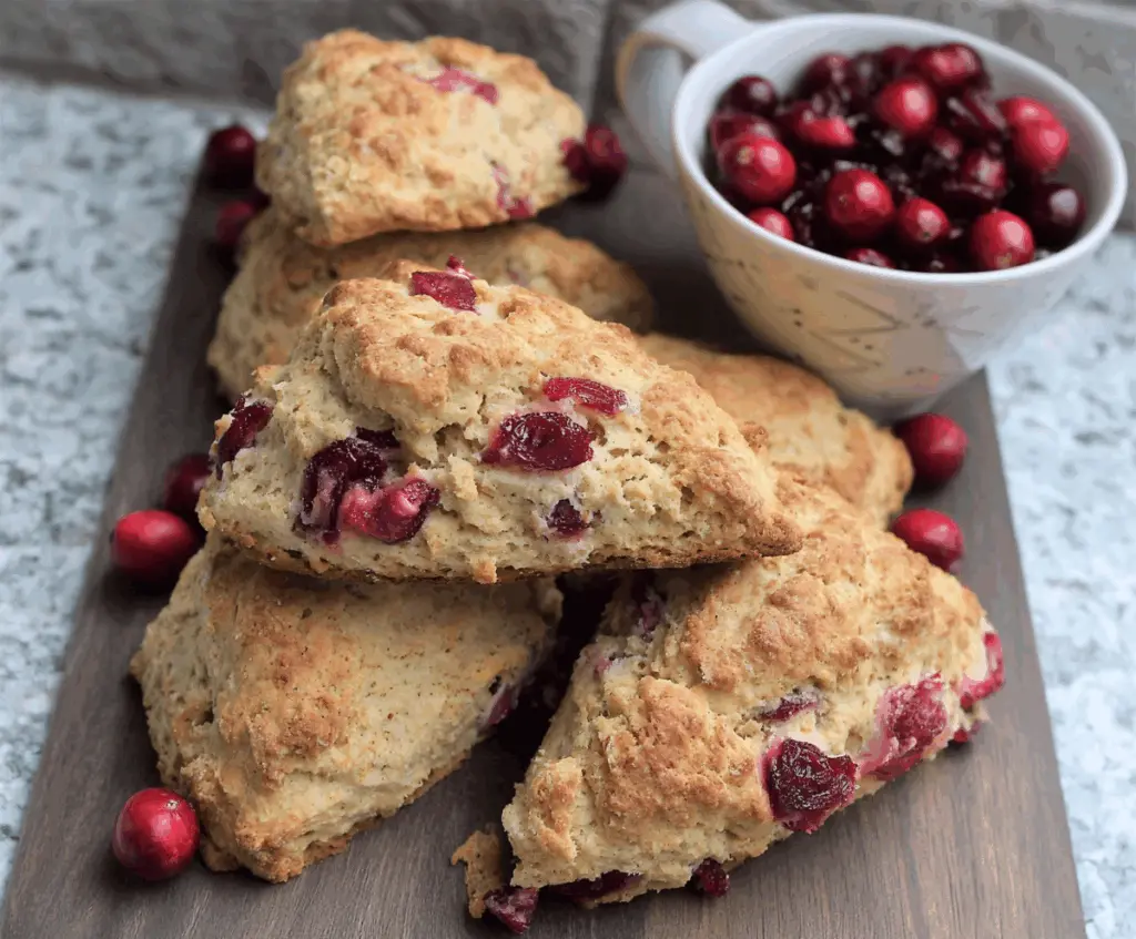 Delicious gluten-free cranberry scones fresh out of the oven with vibrant red cranberries and golden-brown crust.