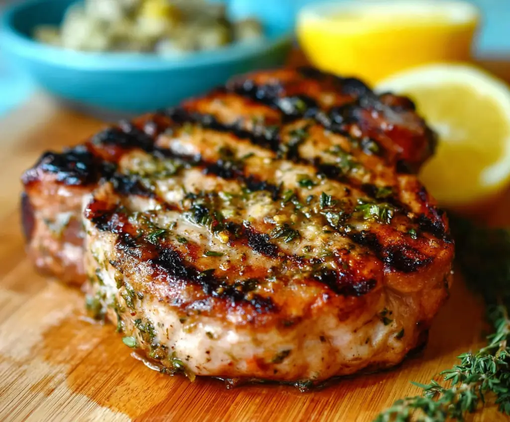 Juicy grilled lemon herb pork chops served on a wooden platter, perfect for a summer barbecue.