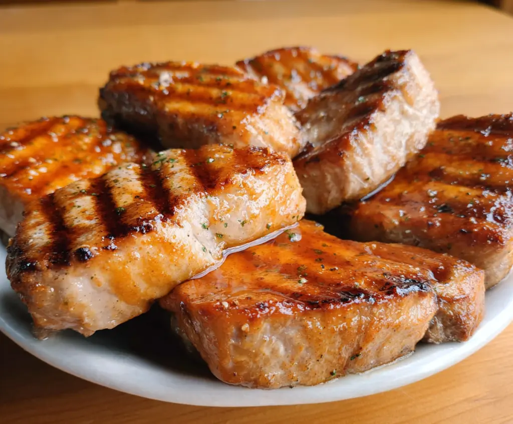 Delicious Juicy Grilled Pork Chops cooked to perfection with grill marks and a side of fresh vegetables.
