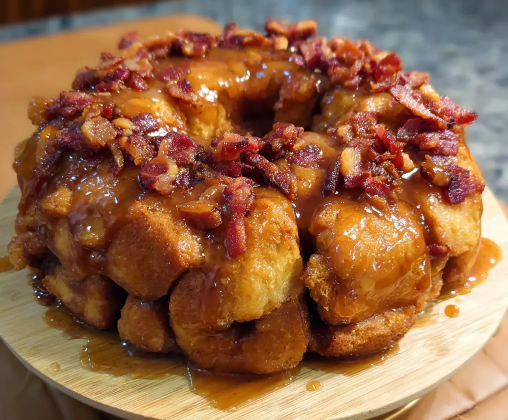 Delicious Maple Bacon Monkey Bread topped with crispy bacon and drizzled with maple glaze.