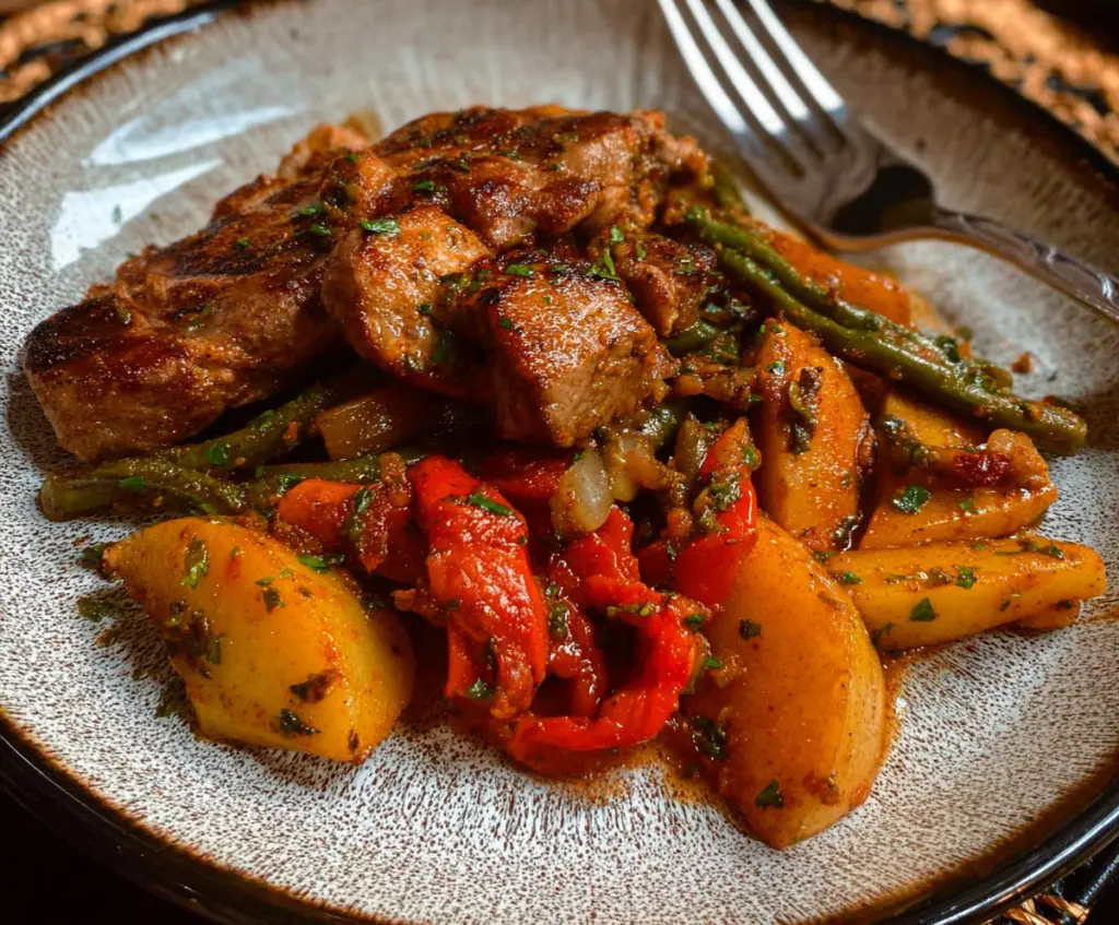 Delicious Mediterranean Pork with Apples served on a platter, highlighting vibrant colors and fresh ingredients.