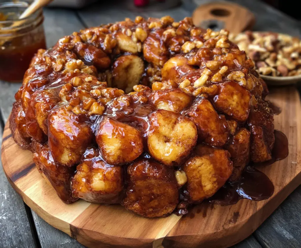 Delicious Monkey Bread with a Twist, topped with caramel and pecans, served on a rustic wooden table.