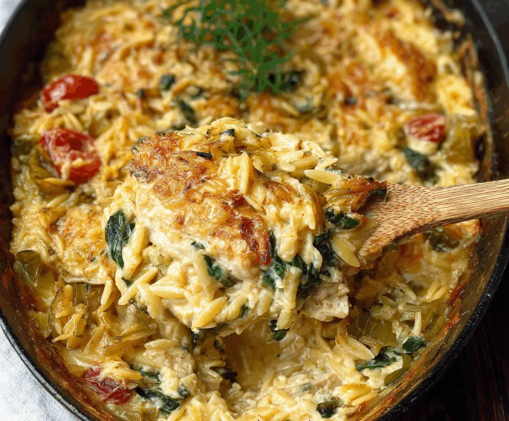 Delicious Monterey Chicken One-Pan Orzo in a skillet, with colorful vegetables and melted cheese on top.