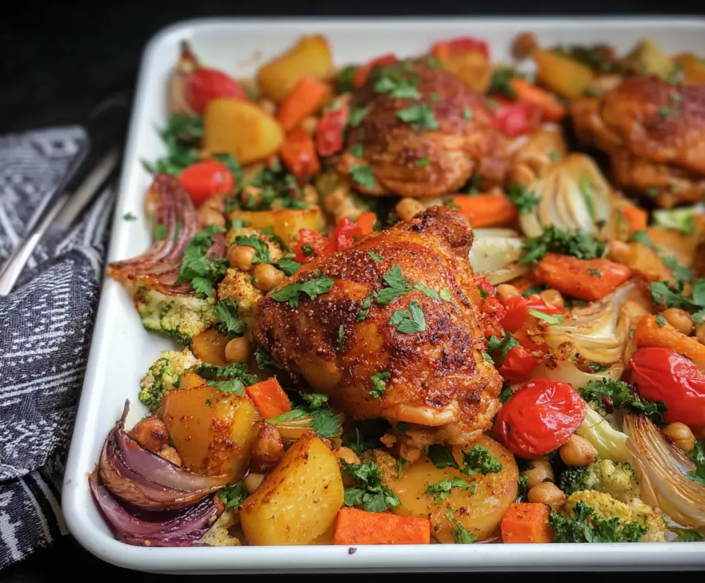 Delicious Moroccan chicken thigh sheet pan dinner with spices and vegetables on a baking tray.