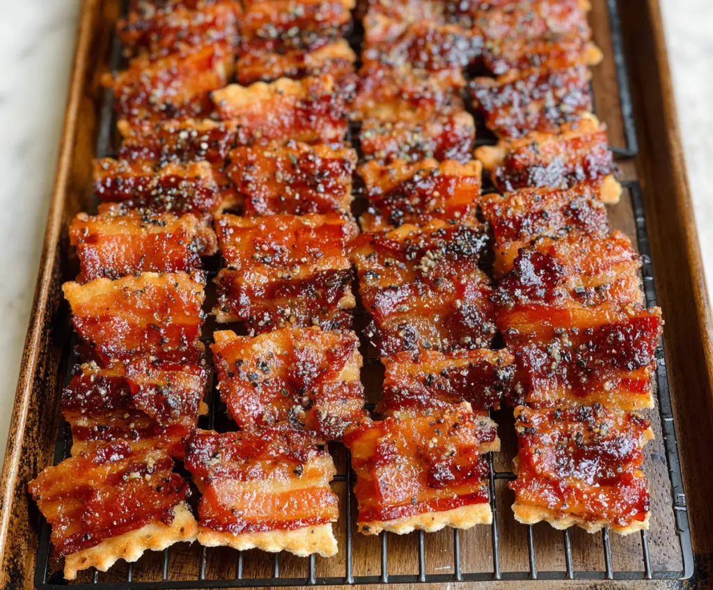 Delicious Parmesan Candied Bacon Crackers garnished with herbs on a rustic plate.