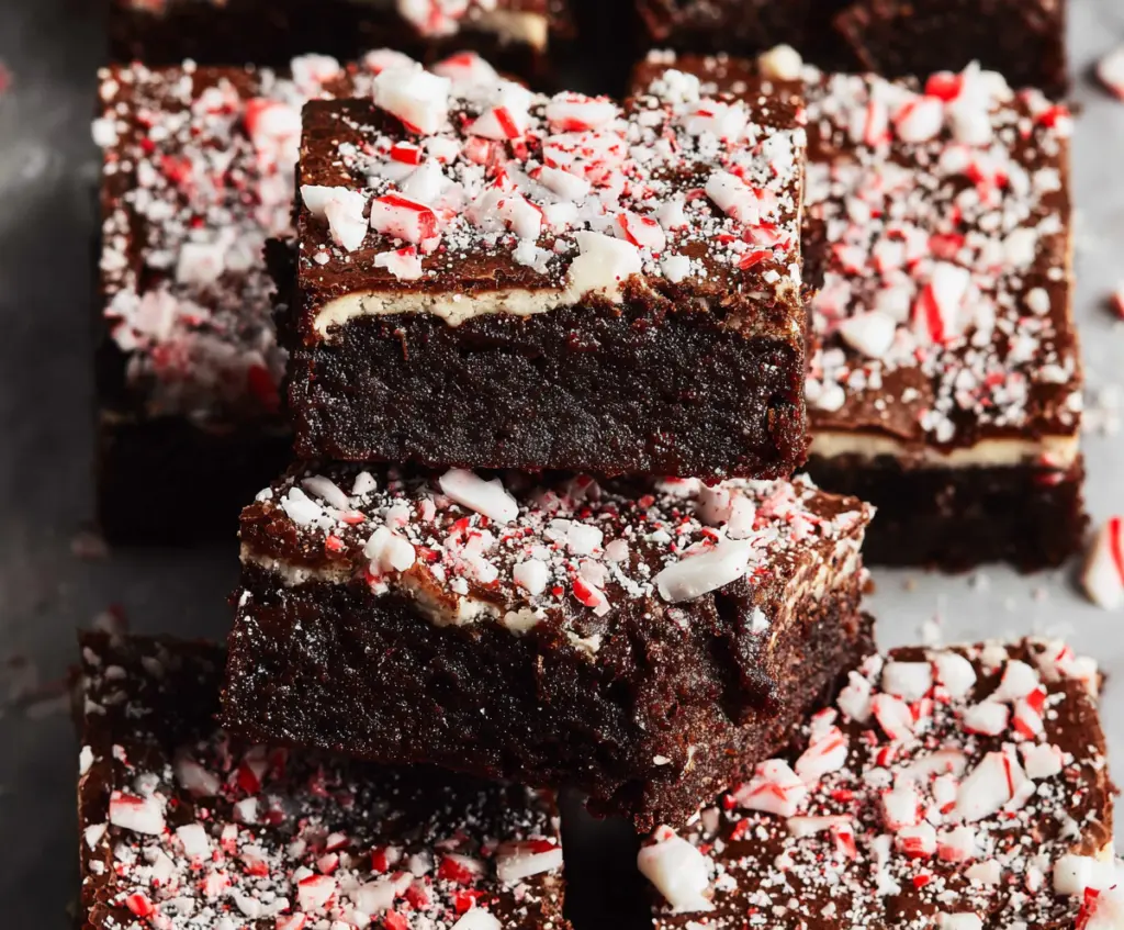 Delicious peppermint brownies with a rich, fudgy texture topped with peppermint candies for a festive treat.