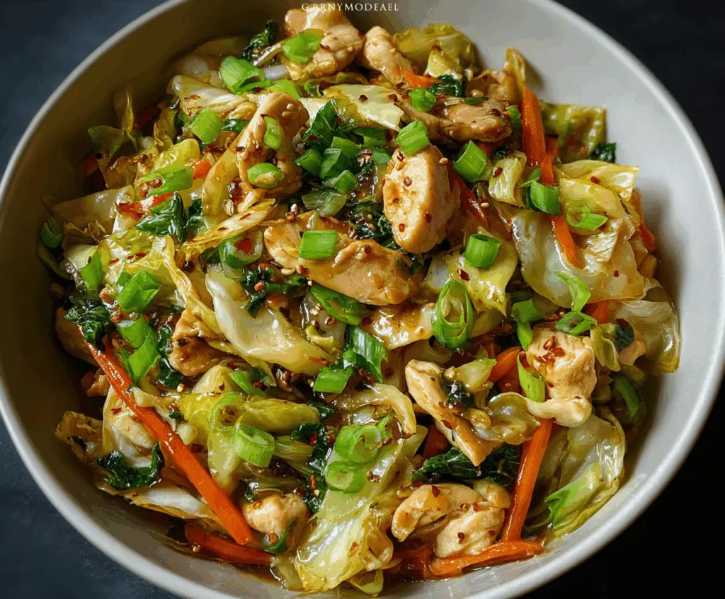 Delicious quick chicken and cabbage stir-fry served in a bowl, highlighting a healthy and easy dinner recipe.