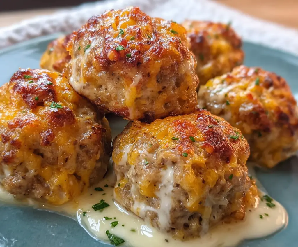 Delicious sausage balls with melted cream cheese served on a plate perfect for parties and snacks.