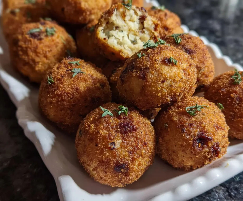 Golden crispy sauerkraut balls served with a dipping sauce, perfect for appetizer parties.