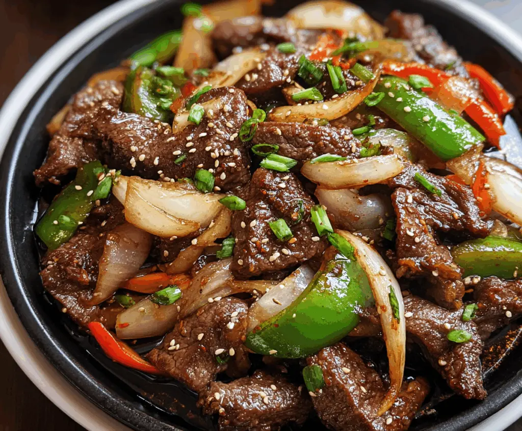 Delicious sizzling Chinese Pepper Steak with onions served on a hot plate