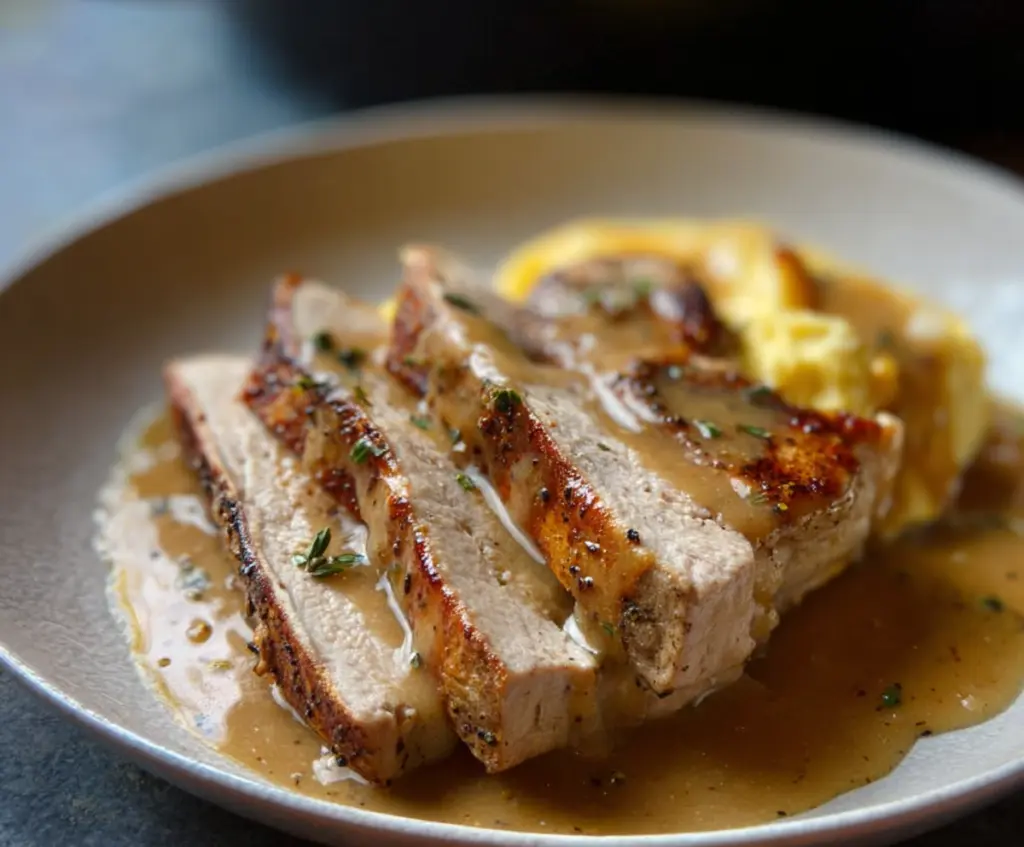 Juicy skillet pork chops served with rich pan gravy and fresh herbs.