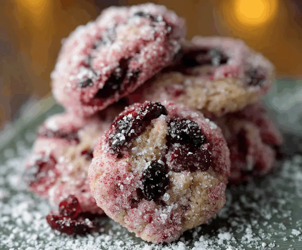Delicious sparkling sugarplum cranberry cookies on a festive plate, perfect for holiday treats.