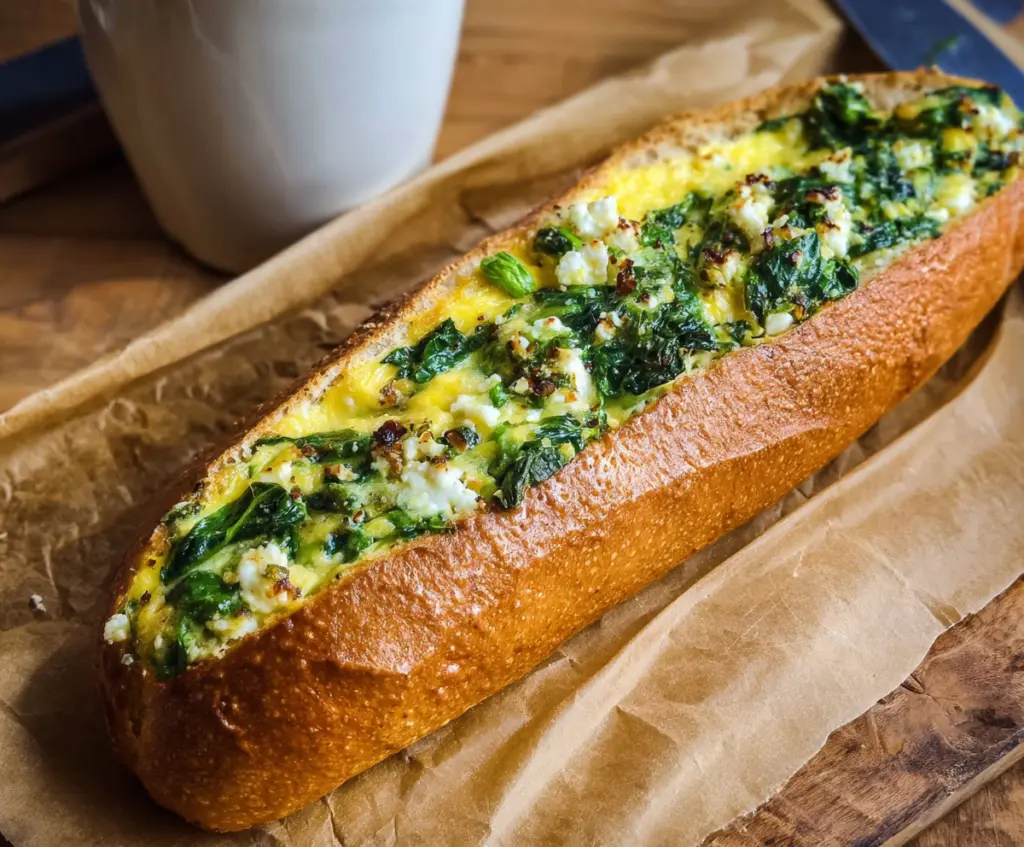 Delicious spinach and feta breakfast baguette sliced open revealing fresh greens and creamy cheese.