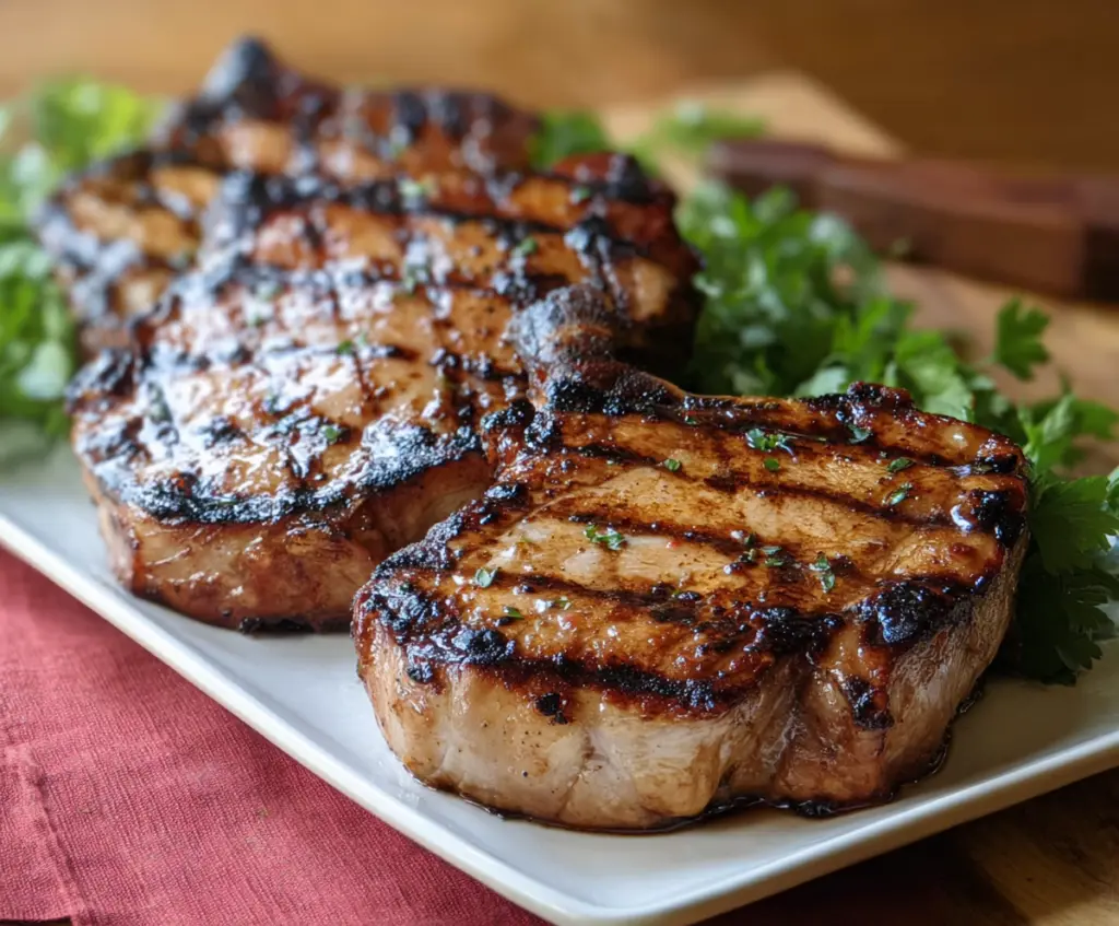 Juicy grilled hickory pork chops served with fresh herbs and vegetables on a barbecue plate