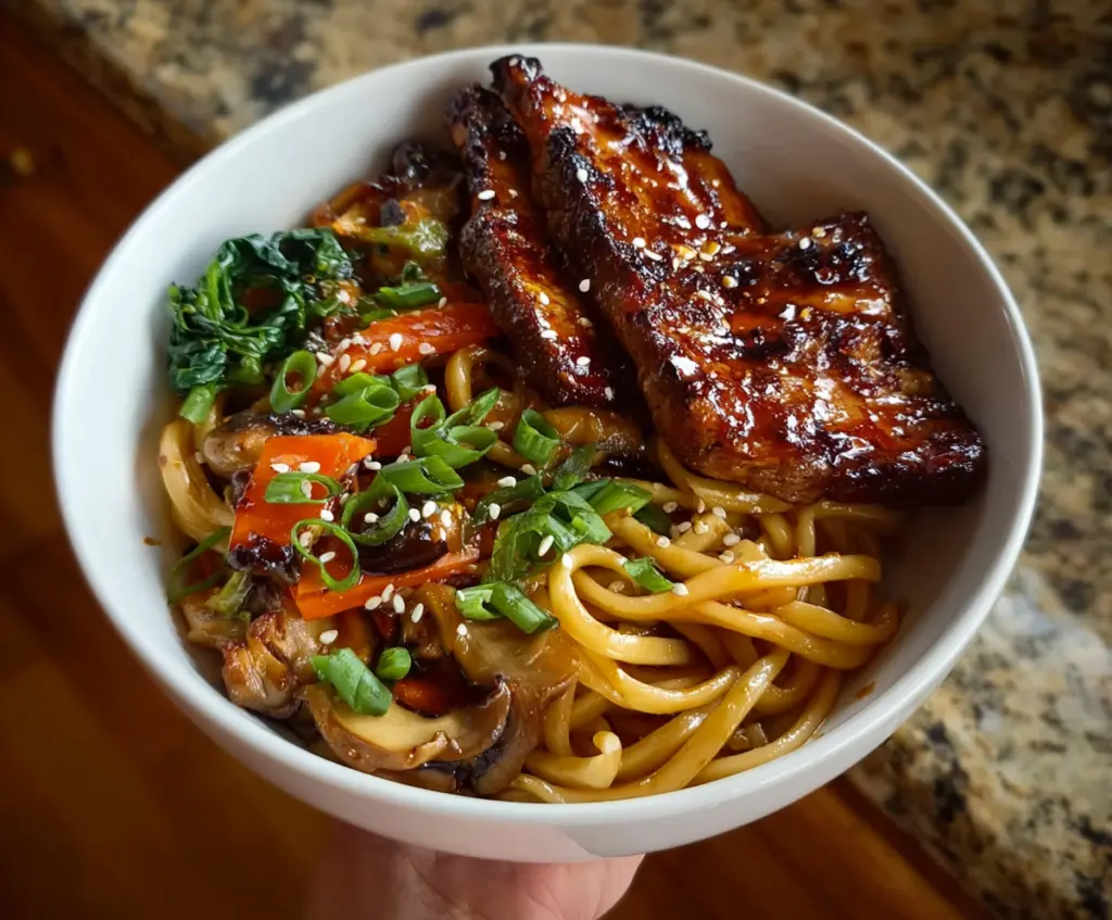 Plate of homemade veggie udon noodles with colorful vegetables and tender sticky glazed pork chops.