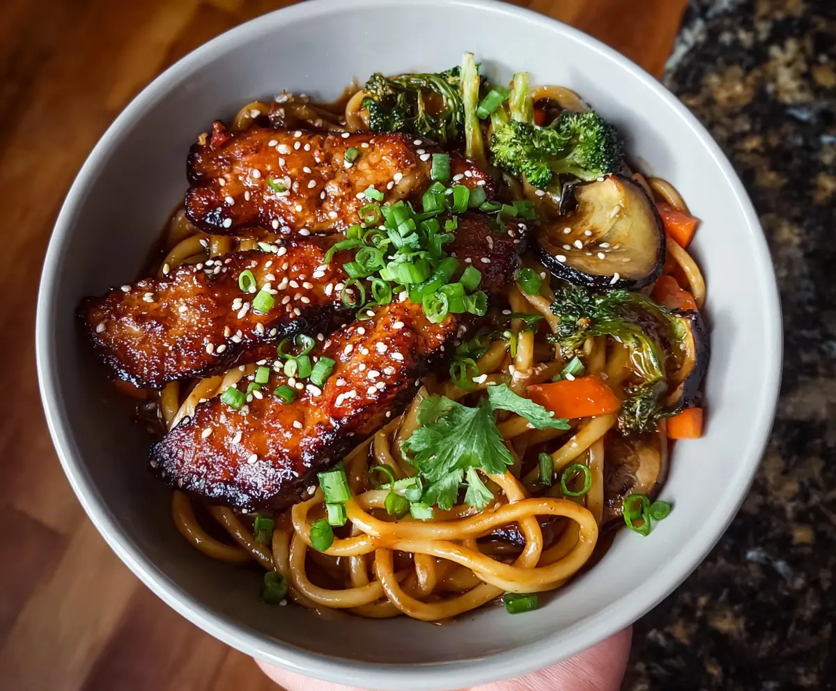 Veggie Udon + Sticky Glazed Pork Chops