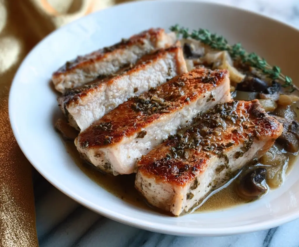 Juicy Whole30 Instant Pot Pork Chops served with fresh vegetables on a white plate.