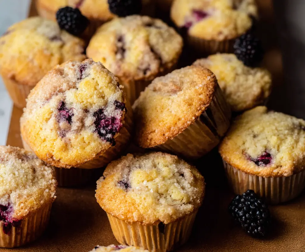Freshly baked blackberry muffins in a baking tray with ripe blackberries around them, perfect for breakfast or dessert.