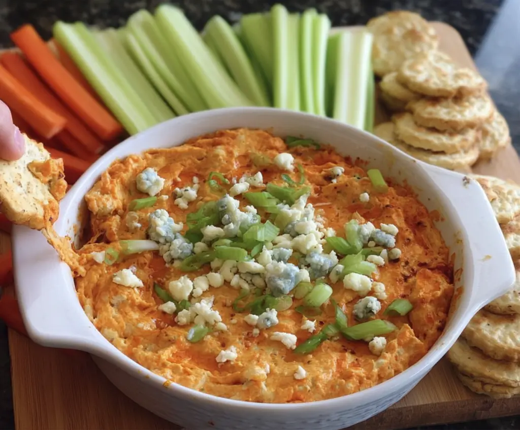 Creamy Buffalo Cauliflower Dip served with fresh vegetables, perfect for parties and snacks.