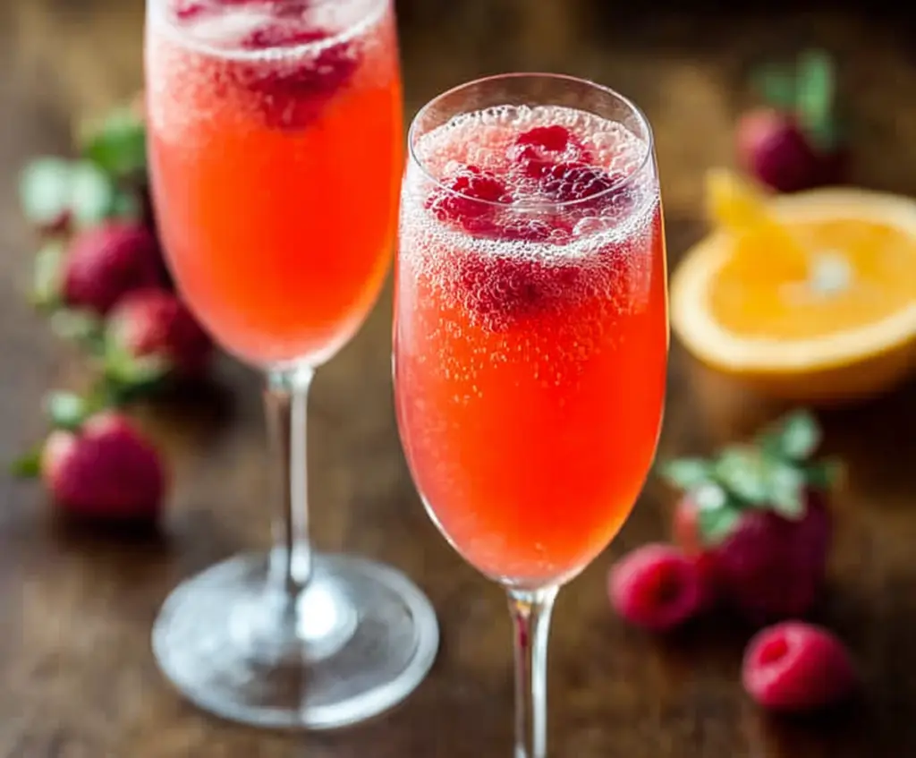 Refreshing Champagne Punch Bellini served in a elegant glass with fresh fruit garnish.