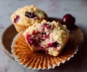 Fresh cherry muffins in a baking dish, perfect for breakfast or snack time.