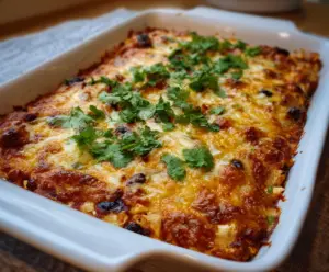 Delicious Chicken Burrito Casserole with melted cheese and fresh toppings on a plate.