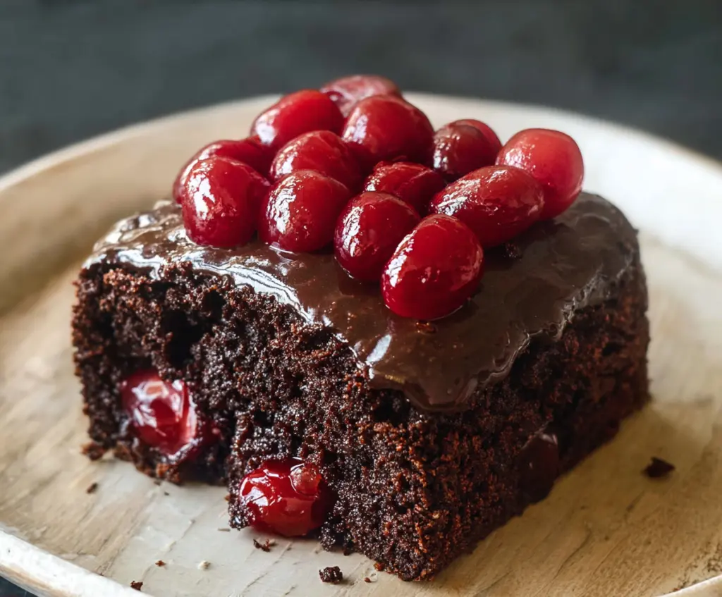 Delicious chocolate cherry cake with rich frosting and fresh cherries on top