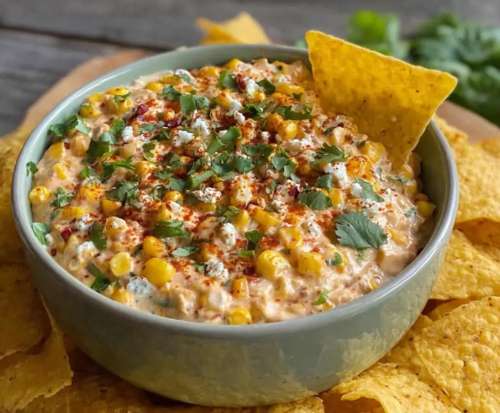 Delicious creamy chipotle corn dip in a bowl, garnished with fresh herbs for a flavorful appetizer.