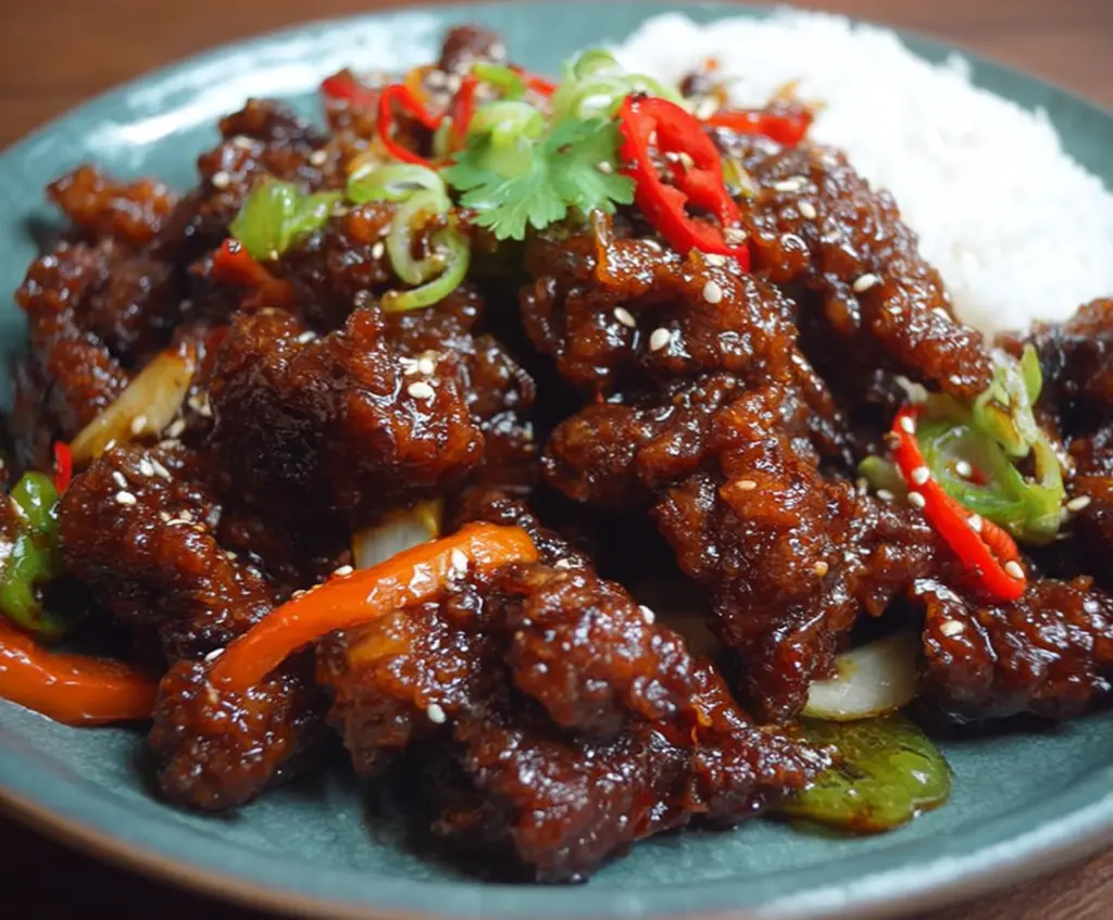 Delicious crispy chilli beef garnished with fresh herbs on a white plate, featuring vibrant red chilies and a glossy sweet chilli sauce.