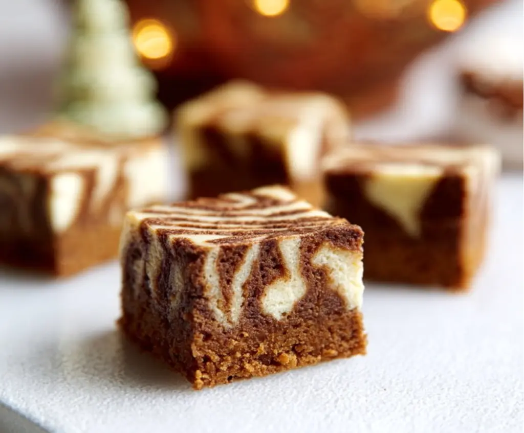 Delicious Gingerbread Cheesecake Bars topped with spiced gingerbread crumble on a festive plate.