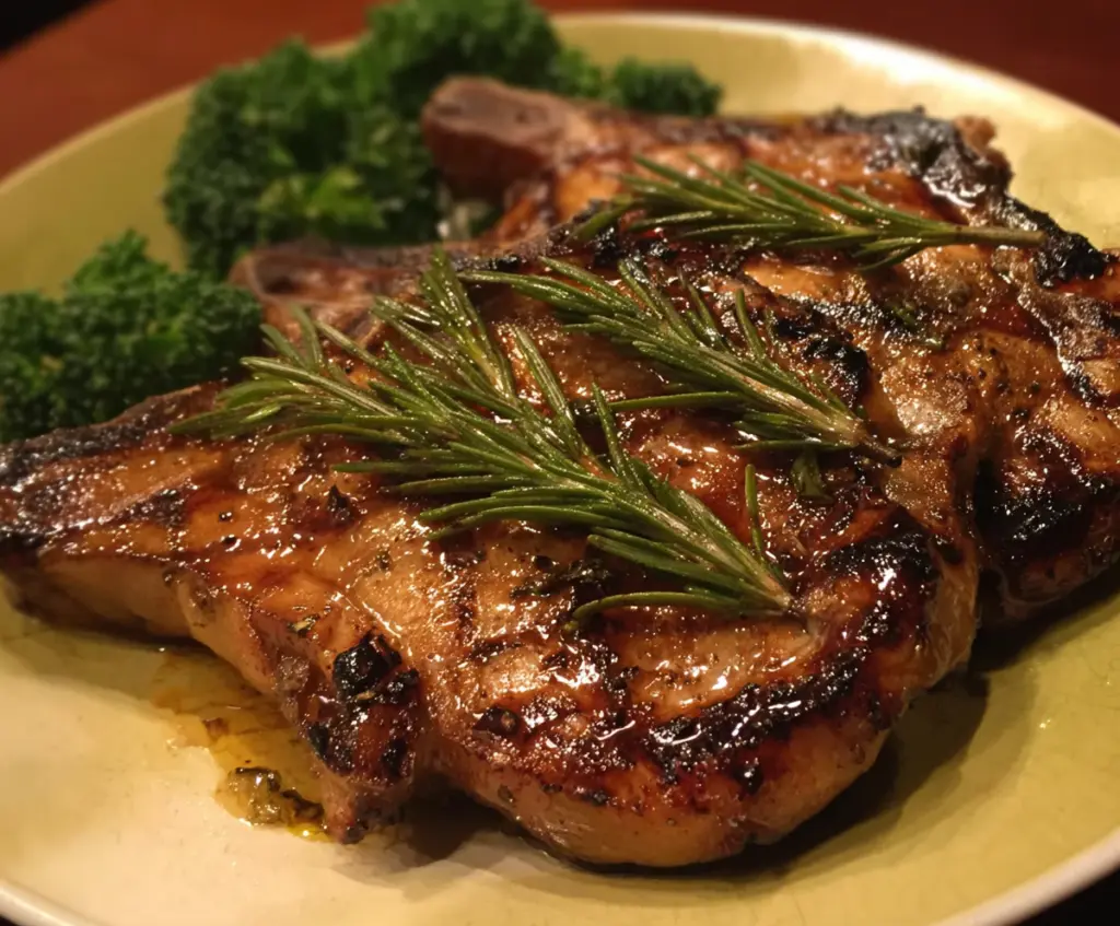 Juicy grilled rosemary pork chops served with fresh herbs and vegetables
