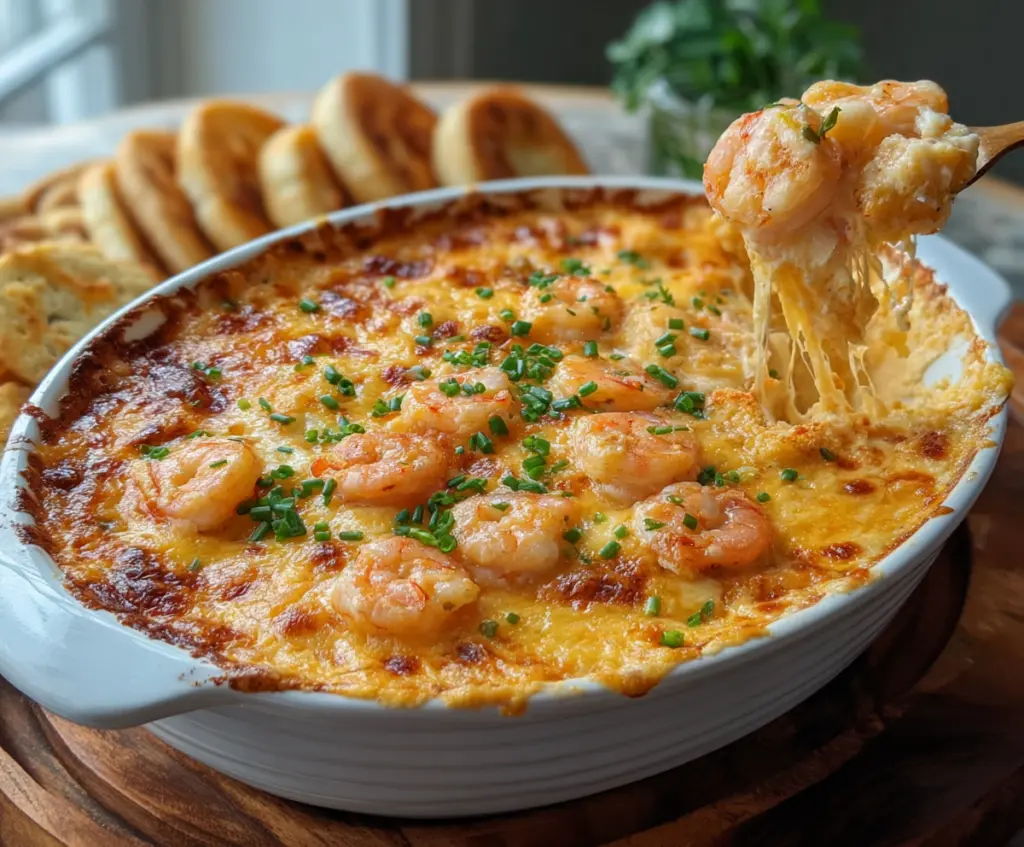 Delicious cheesy shrimp and crab bake dip garnished with fresh herbs, perfect for parties and appetizers.
