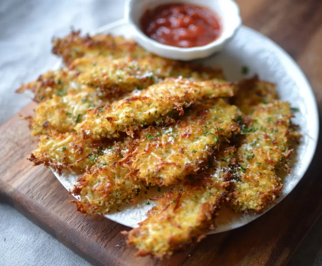 Delicious low carb crispy eggplant parmesan served on a plate, showcasing golden-brown breaded eggplant slices with melted cheese.