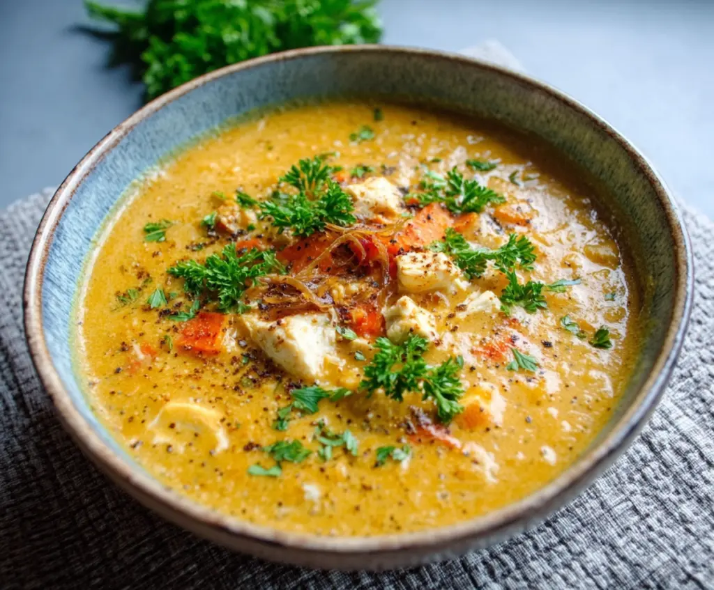 Delicious Mulligatawny soup in a bowl with spices and herbs, perfect for a cozy meal.