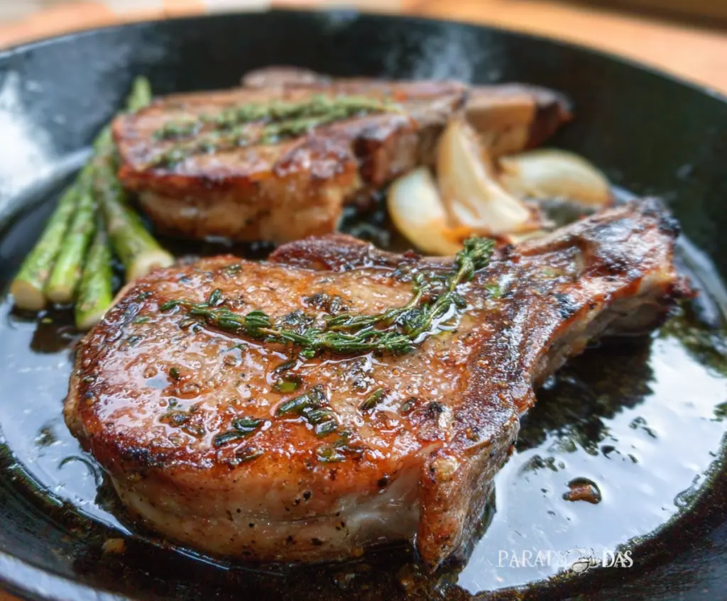 Juicy pan roasted pork chops with golden crust served on a rustic plate