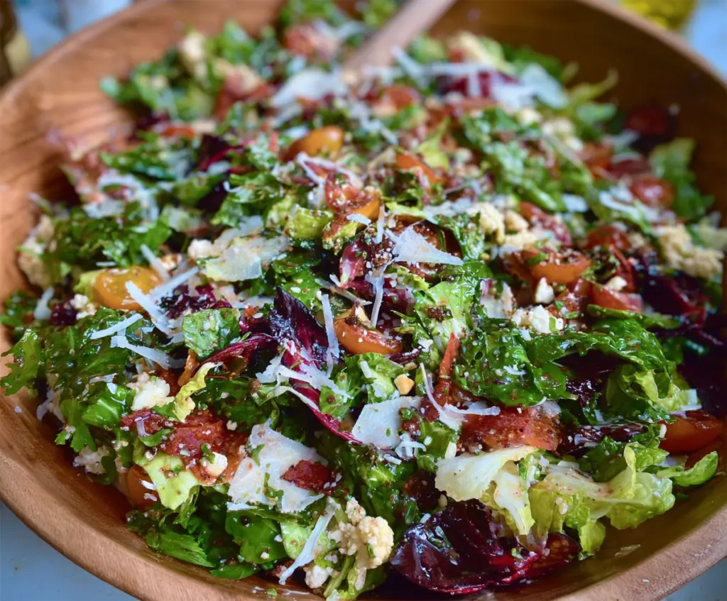 Colorful Pizza Night Salad with fresh vegetables and cheese, perfect for a healthy dinner