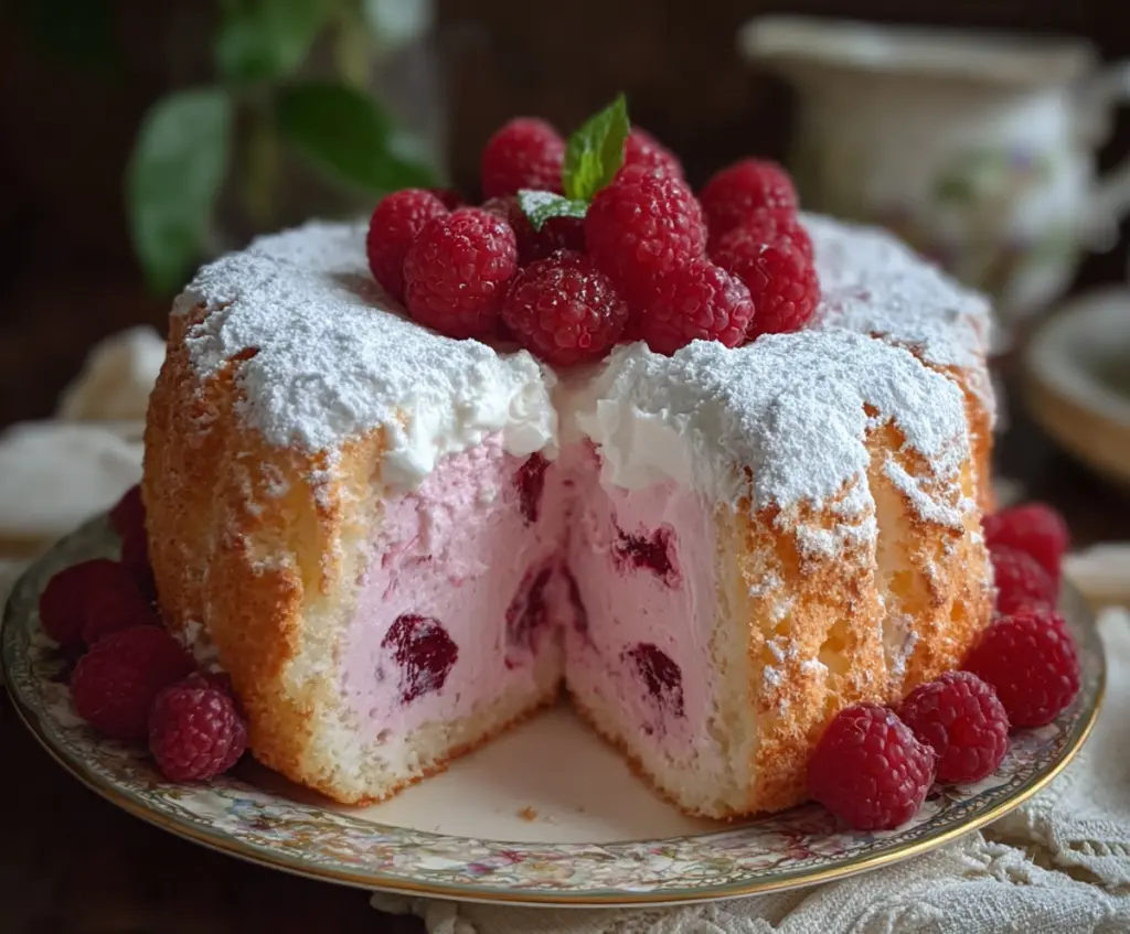 Delicious Raspberry Angel Food Cake topped with fresh raspberries and powdered sugar