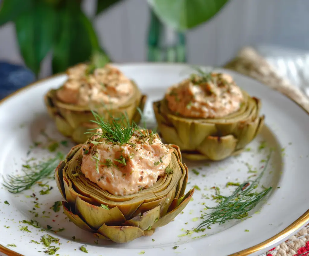 Delicious salmon pâté stuffed artichokes ready to serve as an elegant appetizer.