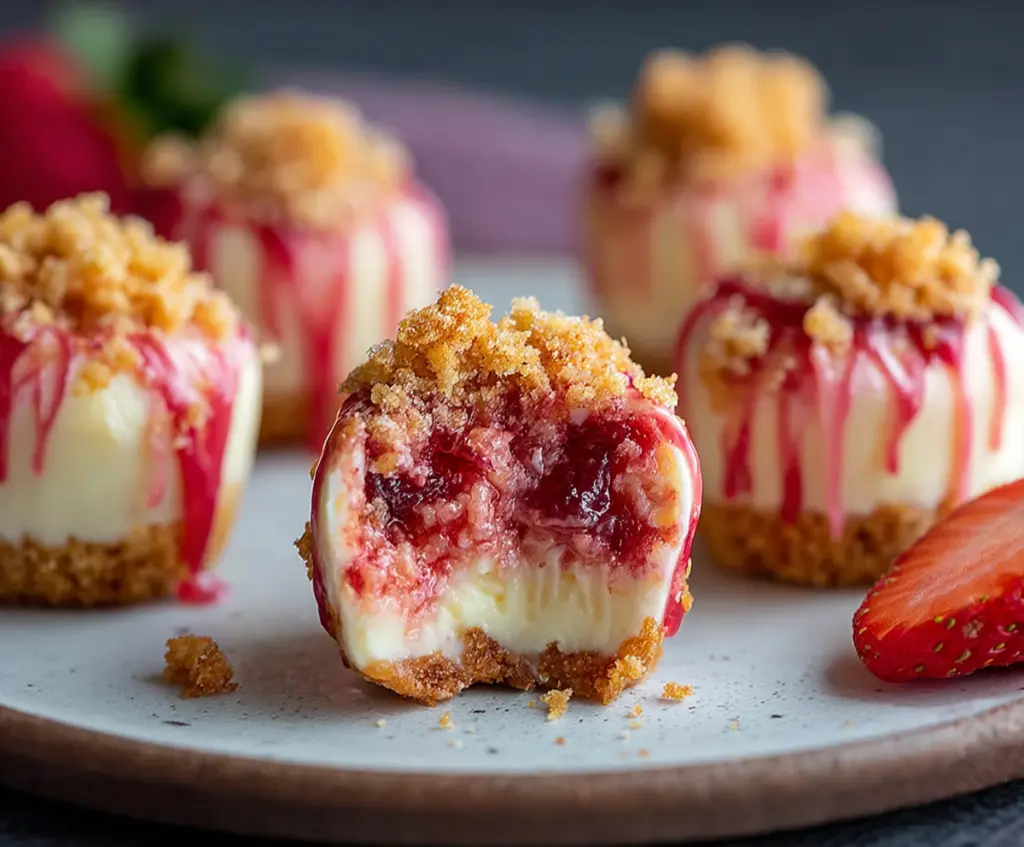 Delicious strawberry crunch cheesecake bites with a creamy filling and crunchy topping.