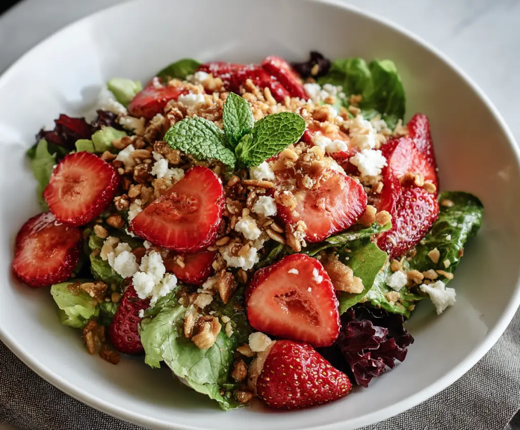 Fresh strawberry crunch salad with mixed greens and sweet toppings ideal for a light, healthy meal