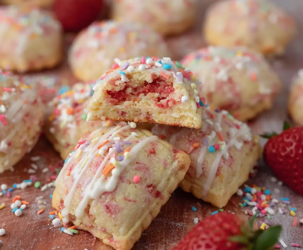 Delicious homemade strawberry pop tart cookies with vibrant red strawberry filling and flaky pastry crust.