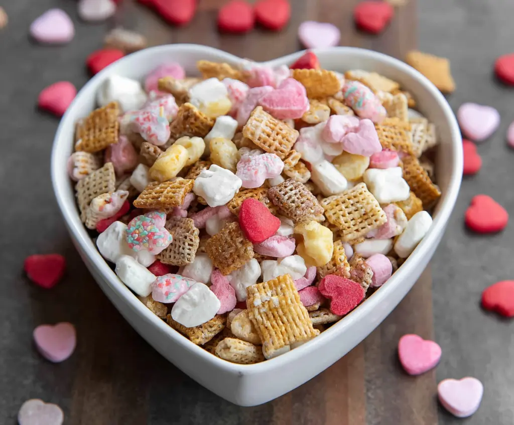 Valentine Chex Mix with colorful candies and festive red and pink decorations for Valentine's Day