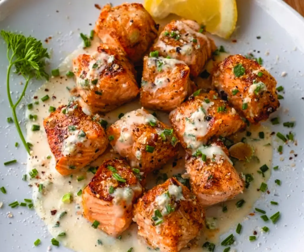 Delicious air fryer salmon bites topped with garlic cream sauce, perfect for a healthy appetizer or snack.