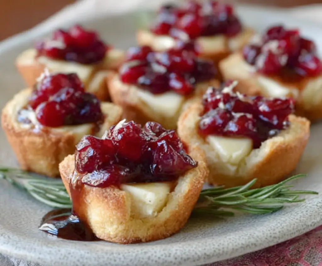 Delicious Balsamic Cranberry Brie Bites served on a plate, showcasing crispy pastry filled with creamy Brie and sweet cranberry topping.