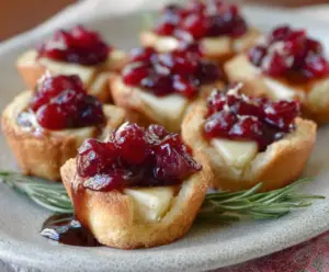Delicious Balsamic Cranberry Brie Bites served on a plate, showcasing crispy pastry filled with creamy Brie and sweet cranberry topping.