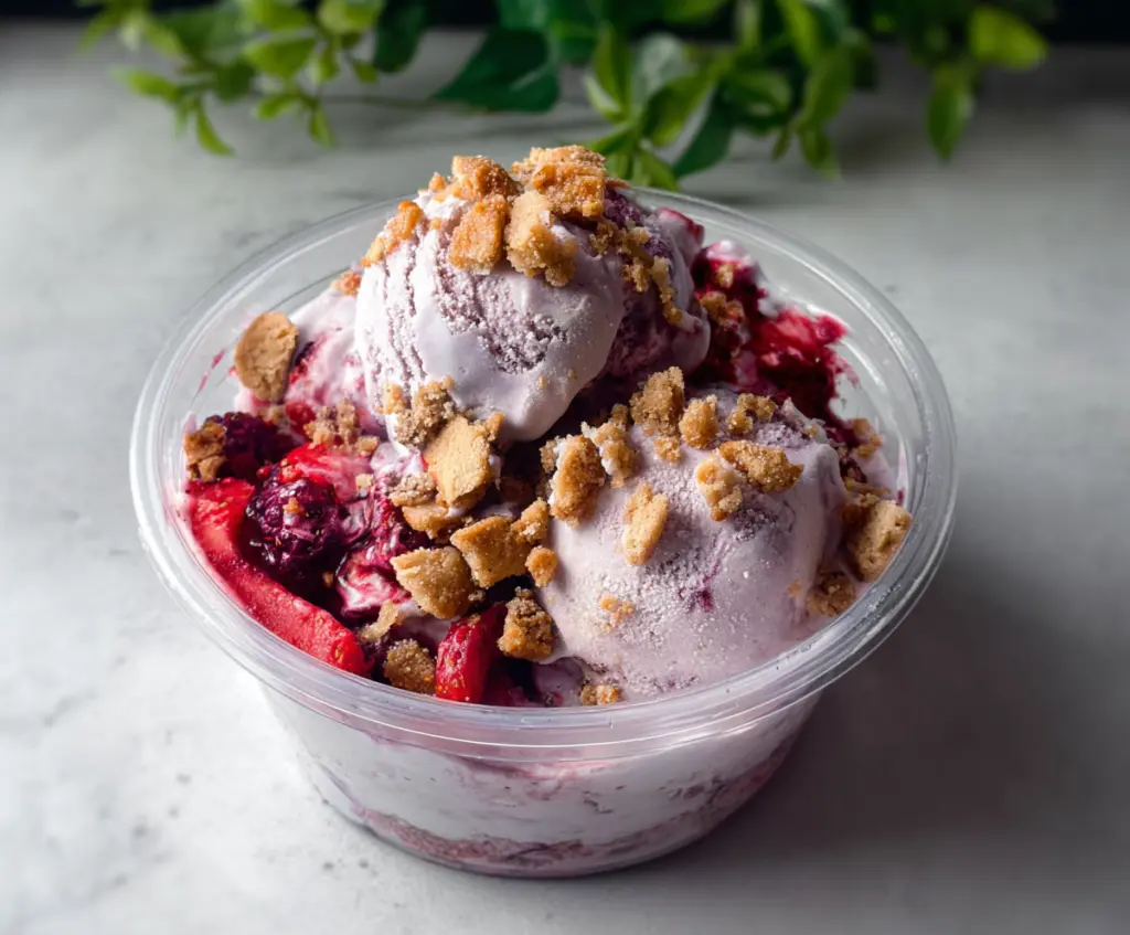 Delicious Berry Crumble Ice Cream with fresh mixed berries and crunchy crumble topping